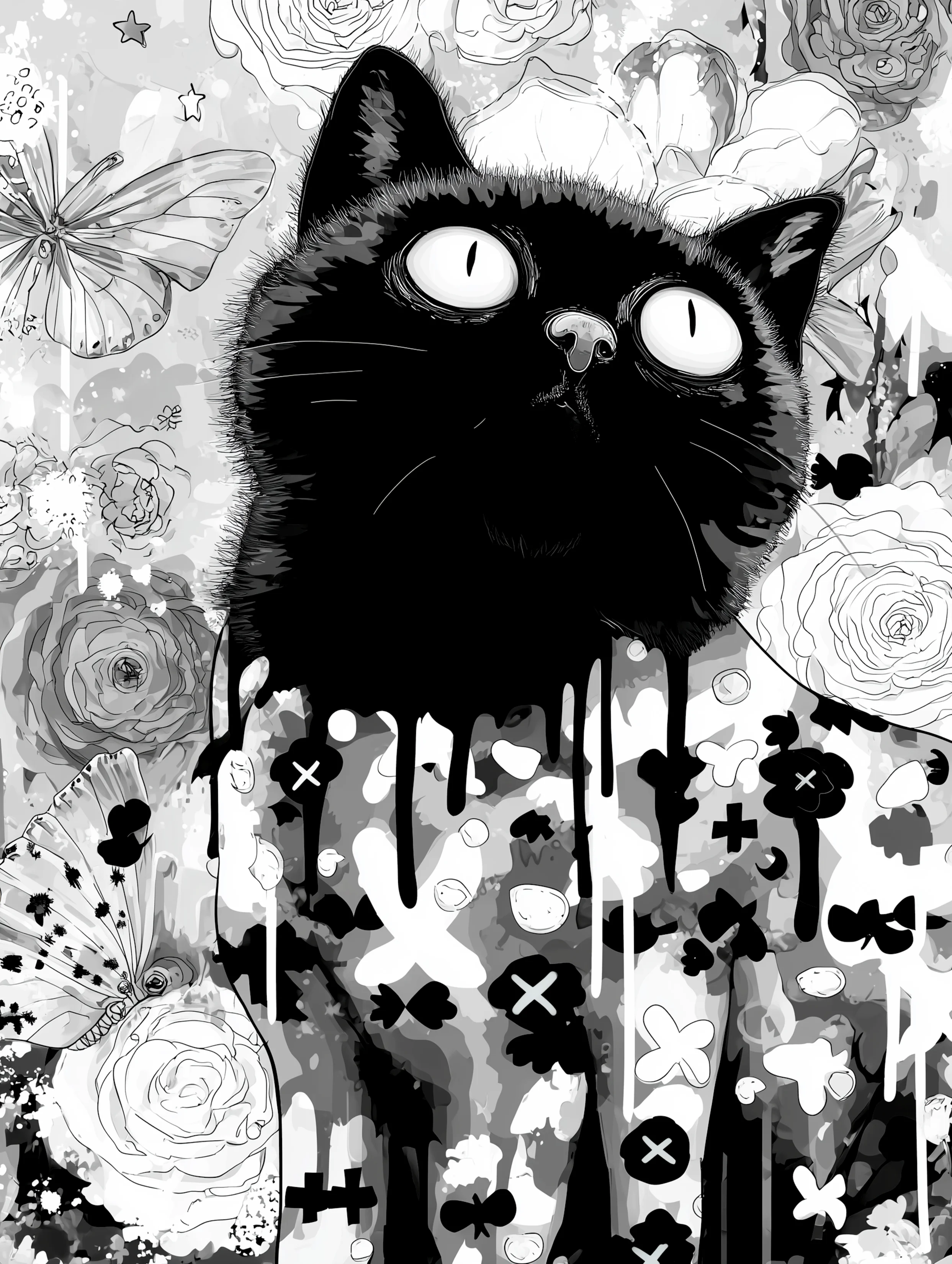 Free printable black cat coloring page for adults featuring dripping head black cat